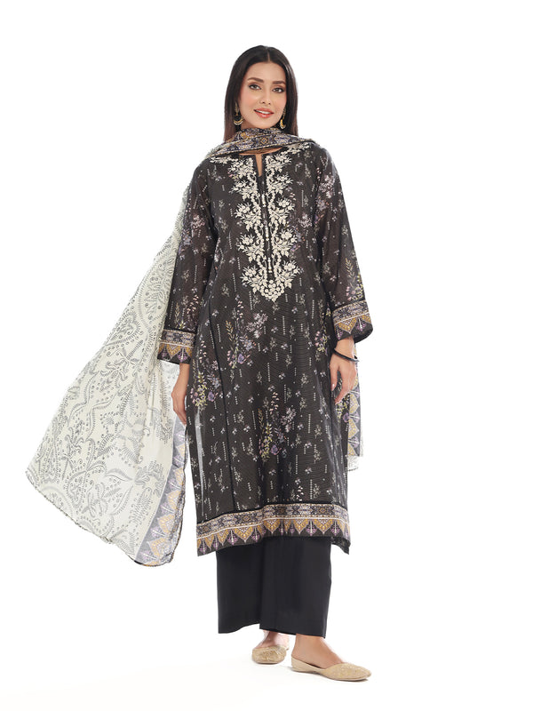 2Pc Embroidered Pret Shirt Dupatta Masoori Lawn Black - OWE2P-2412038-1