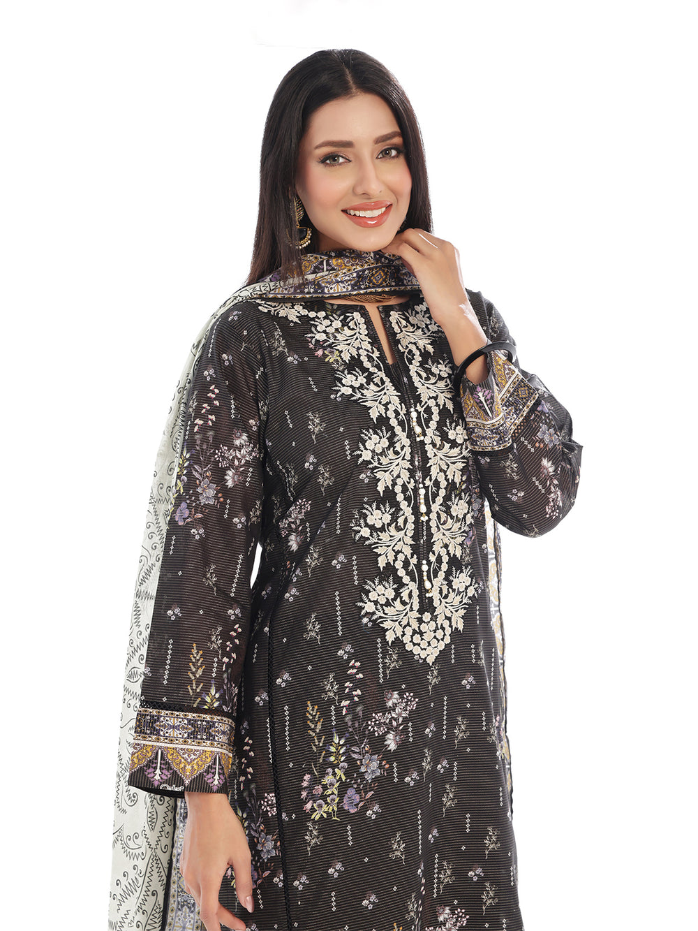 2Pc Embroidered Pret Shirt Dupatta Masoori Lawn Black - OWE2P-2412038-1