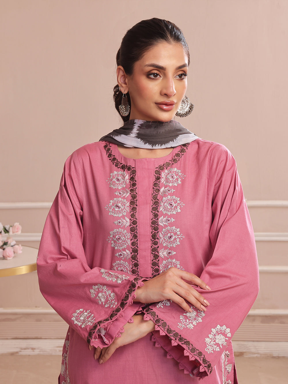 3PCs Embroidered Pret & Unstitched Suit Dyed Slub Cambric Tea Pink