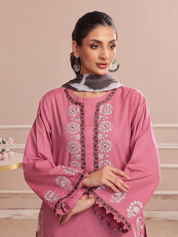3PCs Embroidered Pret & Unstitched Suit Dyed Slub Cambric Tea Pink