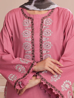 3PCs Embroidered Pret & Unstitched Suit Dyed Slub Cambric Tea Pink