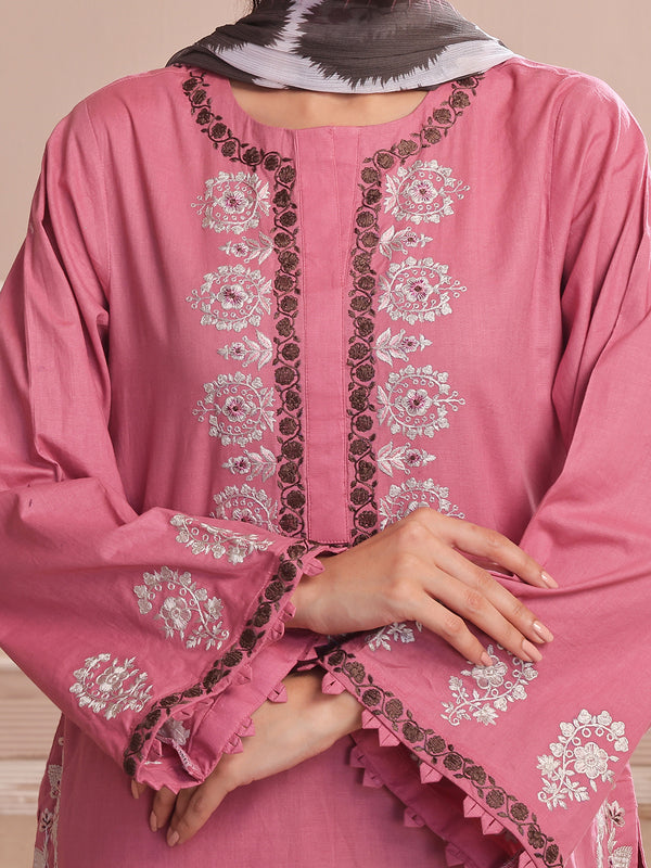 3PCs Embroidered Pret & Unstitched Suit Dyed Slub Cambric Tea Pink