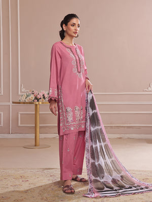 3PCs Embroidered Pret & Unstitched Suit Dyed Slub Cambric Tea Pink