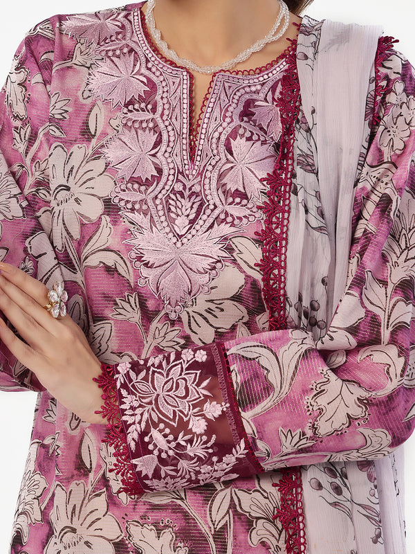 3Pc Embroidered Pret & Unstitched Suit Masoori Lawn Magenta