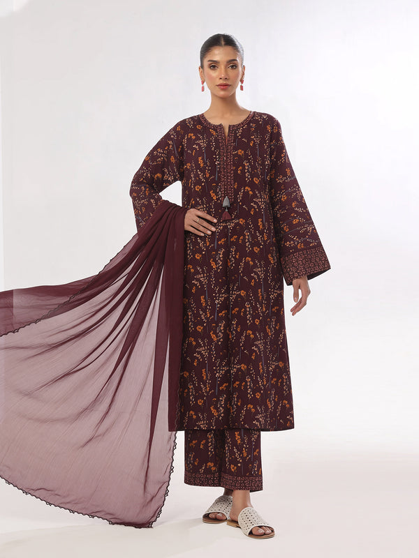3Pc Printed Unstitched Suit Lawn Maroon - OL3P-6443-A