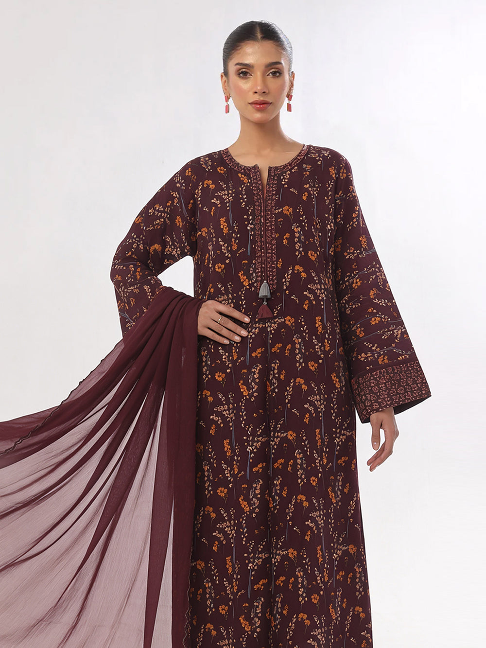 3Pc Printed Unstitched Suit Lawn Maroon - OL3P-6443-A
