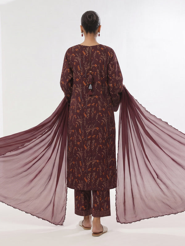 3Pc Printed Unstitched Suit Lawn Maroon - OL3P-6443-A