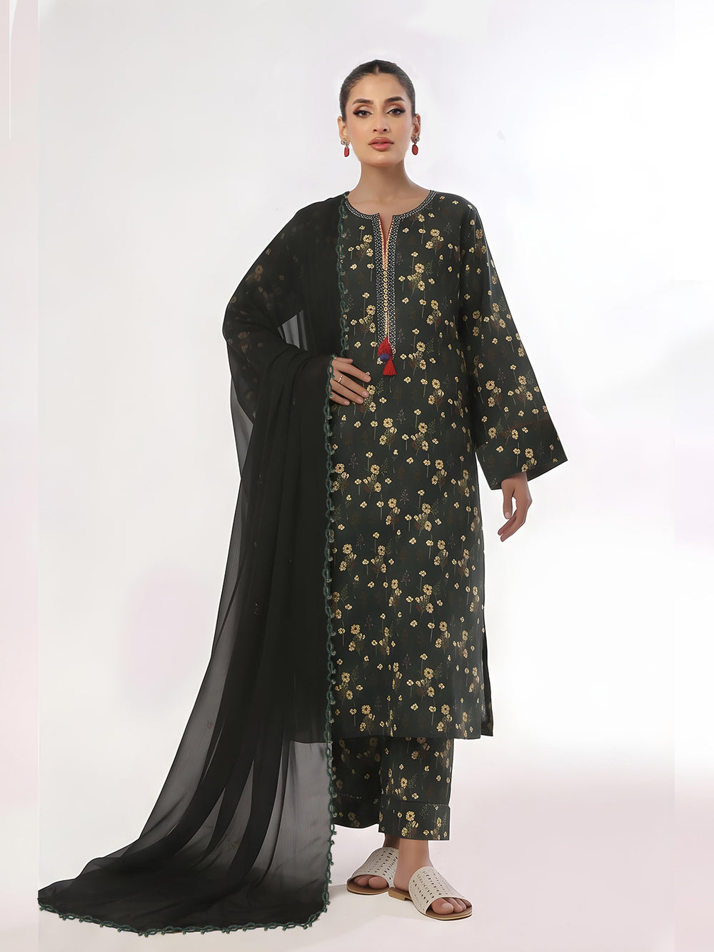 3Pc Printed Unstitched Suit Lawn Dark Green - OL3P-6445-A