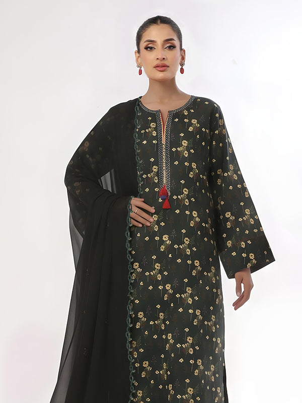 3Pc Printed Unstitched Suit Lawn Dark Green - OL3P-6445-A
