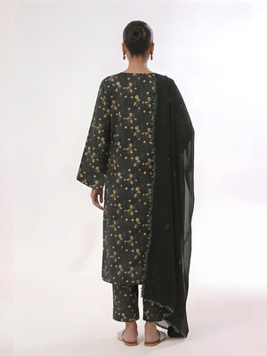 3Pc Printed Unstitched Suit Lawn Dark Green - OL3P-6445-A