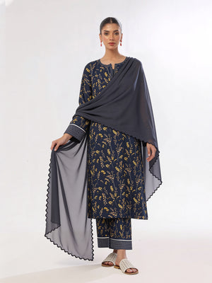 3Pc Printed Unstitched Suit Lawn Navy Blue - OL3P-6446-A