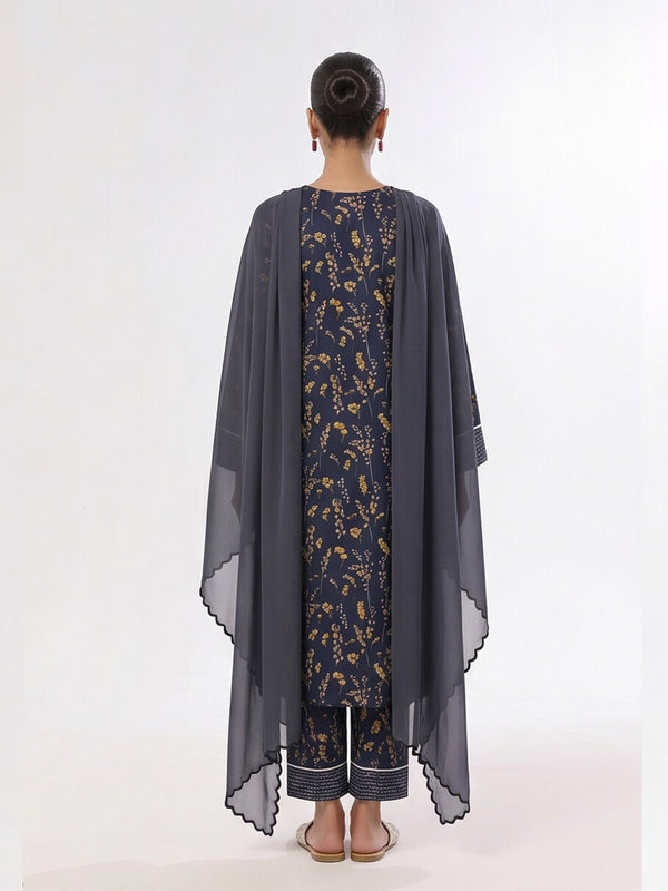 3Pc Printed Unstitched Suit Lawn Navy Blue - OL3P-6446-A