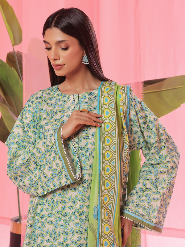 3PCs Printed Pret & Unstitched Suit Lawn Green