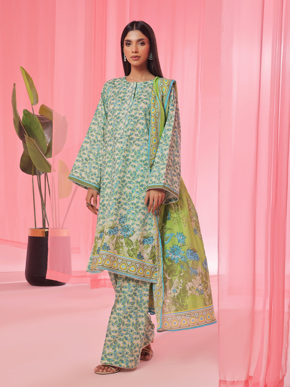 3PCs Printed Pret & Unstitched Suit Lawn Green