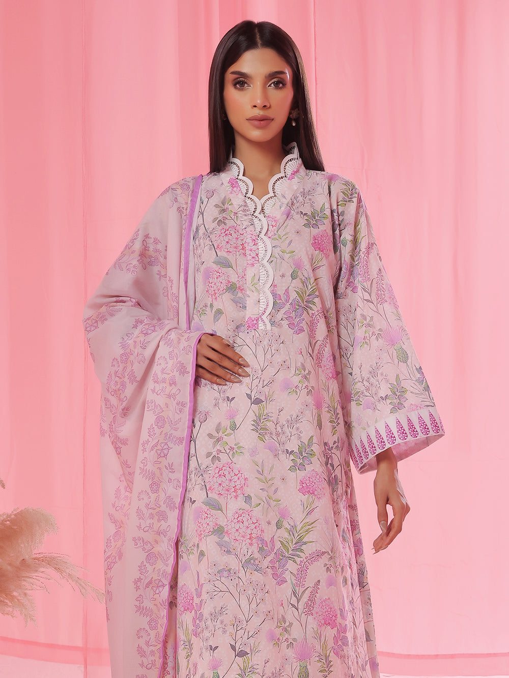 3PCs Printed Pret & Unstitched Suit Lawn Peach