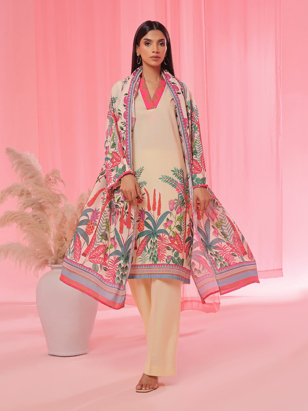 3PCs Printed Pret & Unstitched Suit Lawn Beige