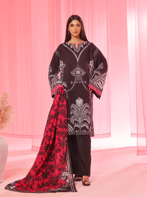 3PCs Printed Pret & Unstitched Suit Lawn Black