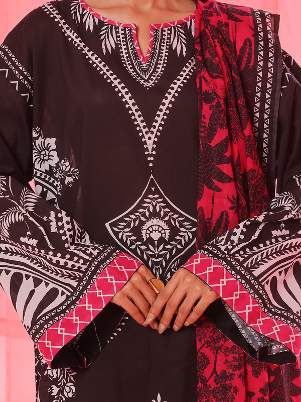 3PCs Printed Pret & Unstitched Suit Lawn Black