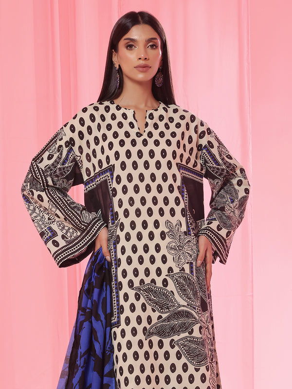 3PCs Printed Pret & Unstitched Suit Lawn Black