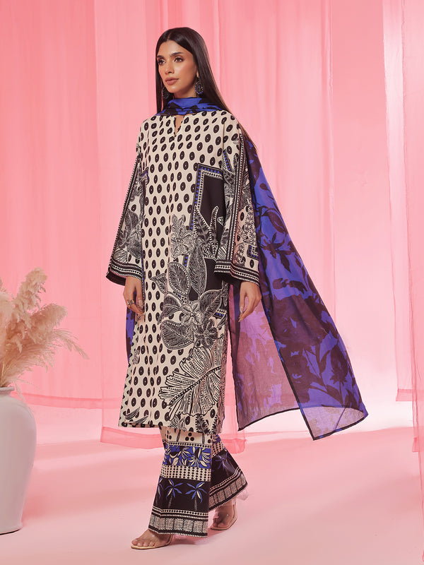 3PCs Printed Pret & Unstitched Suit Lawn Black