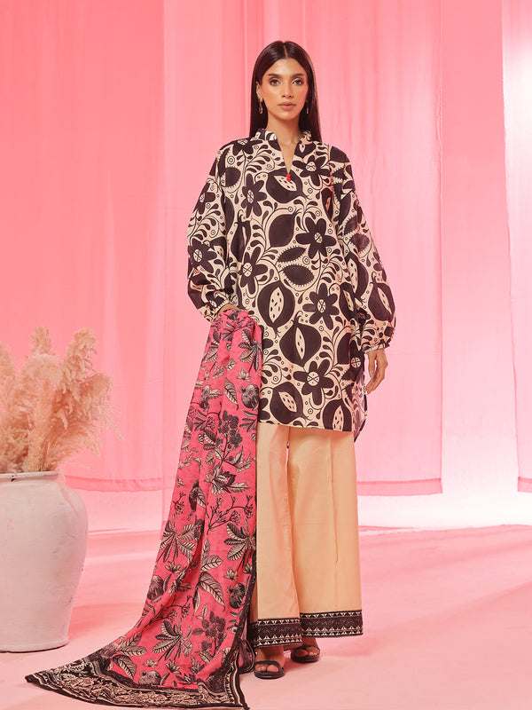 3PCs Printed Pret & Unstitched Suit Lawn Black & Beige