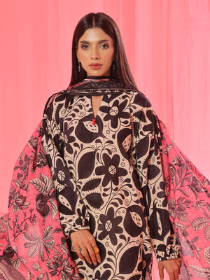 3PCs Printed Pret & Unstitched Suit Lawn Black & Beige
