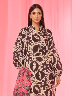 3PCs Printed Pret & Unstitched Suit Lawn Black & Beige