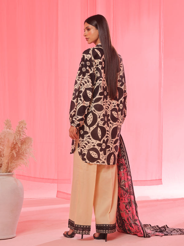 3PCs Printed Pret & Unstitched Suit Lawn Black & Beige