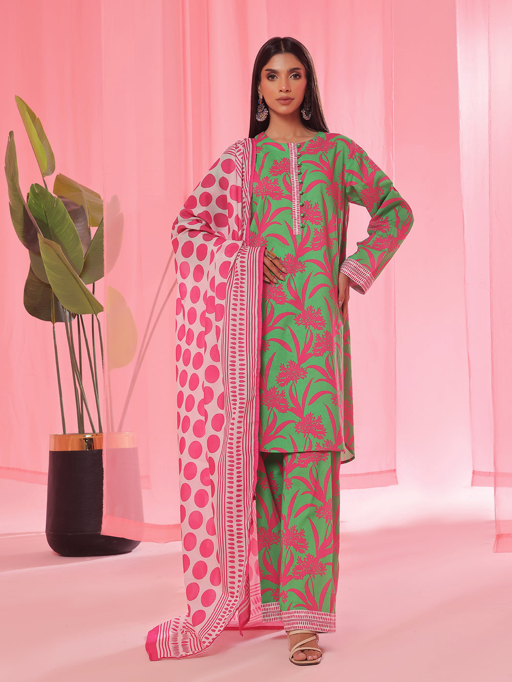3PCs Printed Pret & Unstitched Suit Lawn Green
