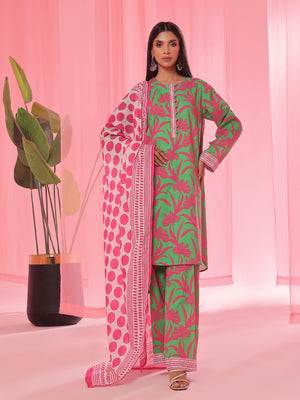 3PCs Printed Pret & Unstitched Suit Lawn Green