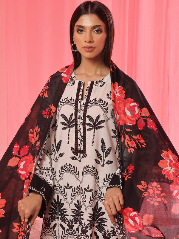 3PCs Printed Pret & Unstitched Suit Lawn Black