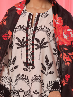 3PCs Printed Pret & Unstitched Suit Lawn Black