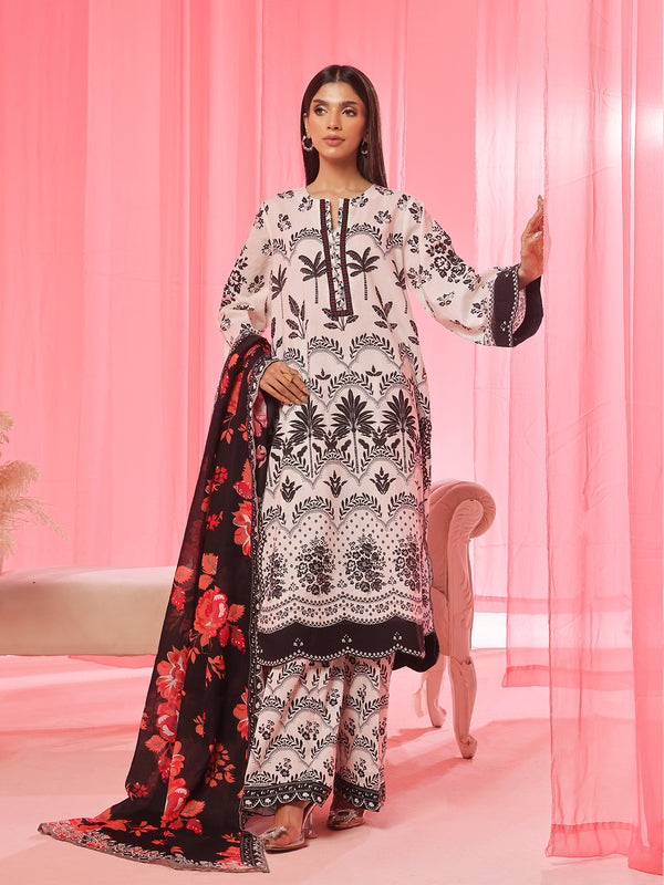 3PCs Printed Pret & Unstitched Suit Lawn Black