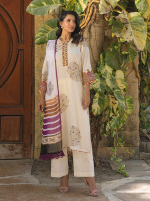 3PCs Embroidered Pret & Unstitched Suit Masoori Lawn Off White