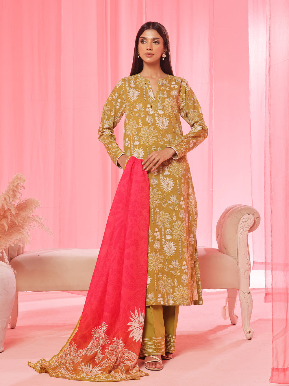 3PCs Printed Pret & Unstitched Suit Lawn Green