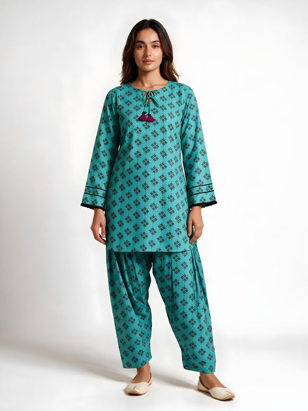 2Pc Printed Pret Shirt Trouser Cotton Ferozi - OW2P-2607005