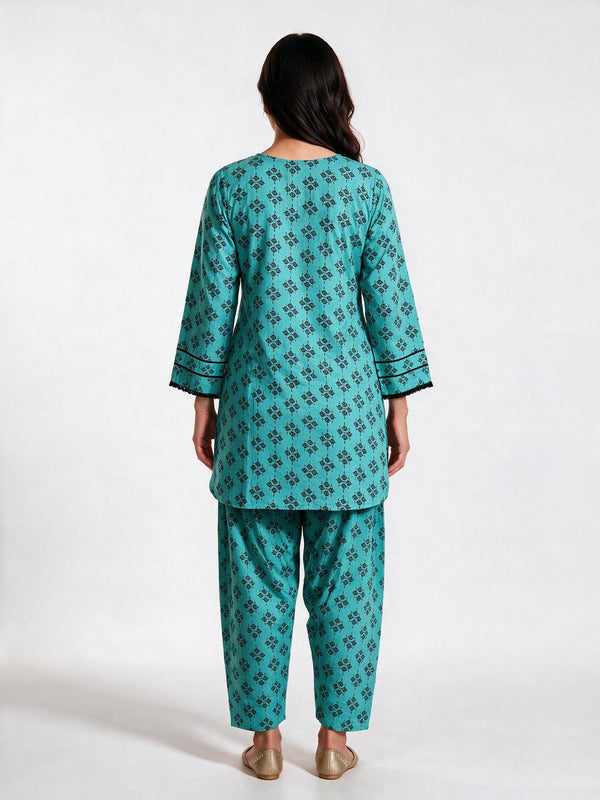2Pc Printed Pret Shirt Trouser Cotton Ferozi - OW2P-2607005